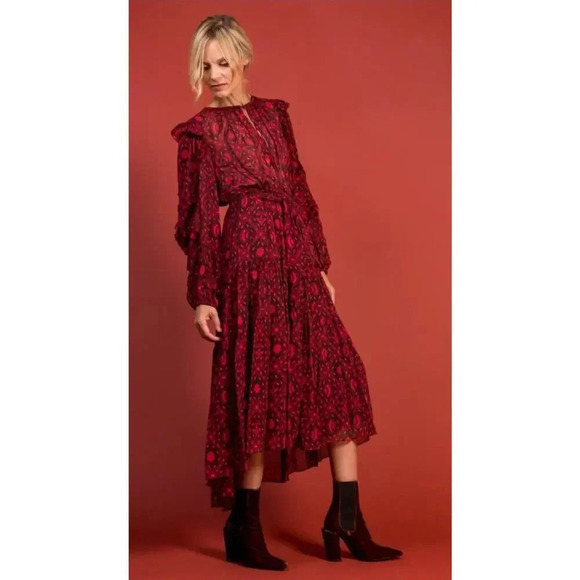 Ulla Johnson Aliya Fuchsia Red Silk Chiffon Lined Fit And Flare Dress Sz… - Picture 1 of 16